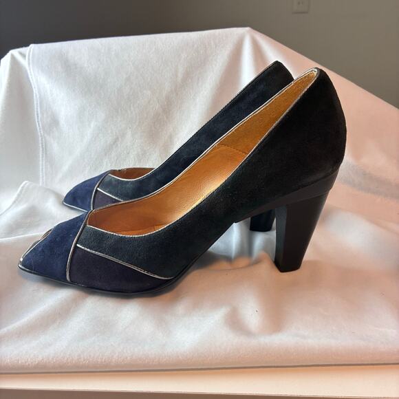 Sofft Black Suede Pumps Peep Toe Comfort Colorblock Heels Size 10M Jewel Tones - Picture 5 of 11